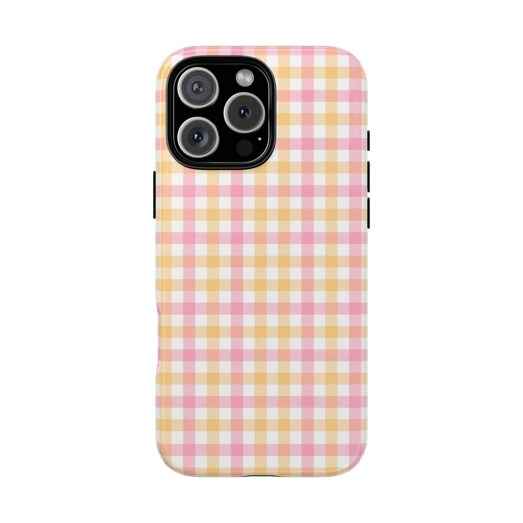 Orange and pink gingham phone case with camera and flash cutouts