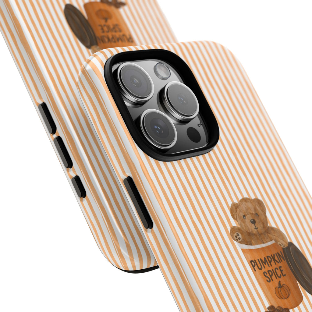 Teddy bear “Pumpkin Spice” phone case with orange stripes and camera cutout