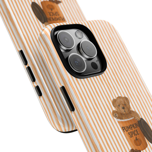 Teddy bear “Pumpkin Spice” phone case with orange stripes and camera cutout