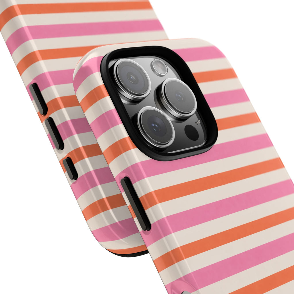 Orange sherbet striped phone case, angled view showing side buttons cutouts
