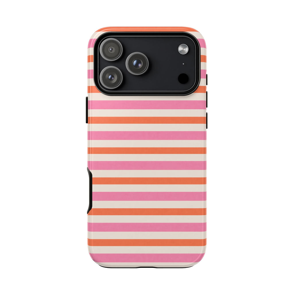 Orange sherbet striped phone case back view with camera openings and protective rim