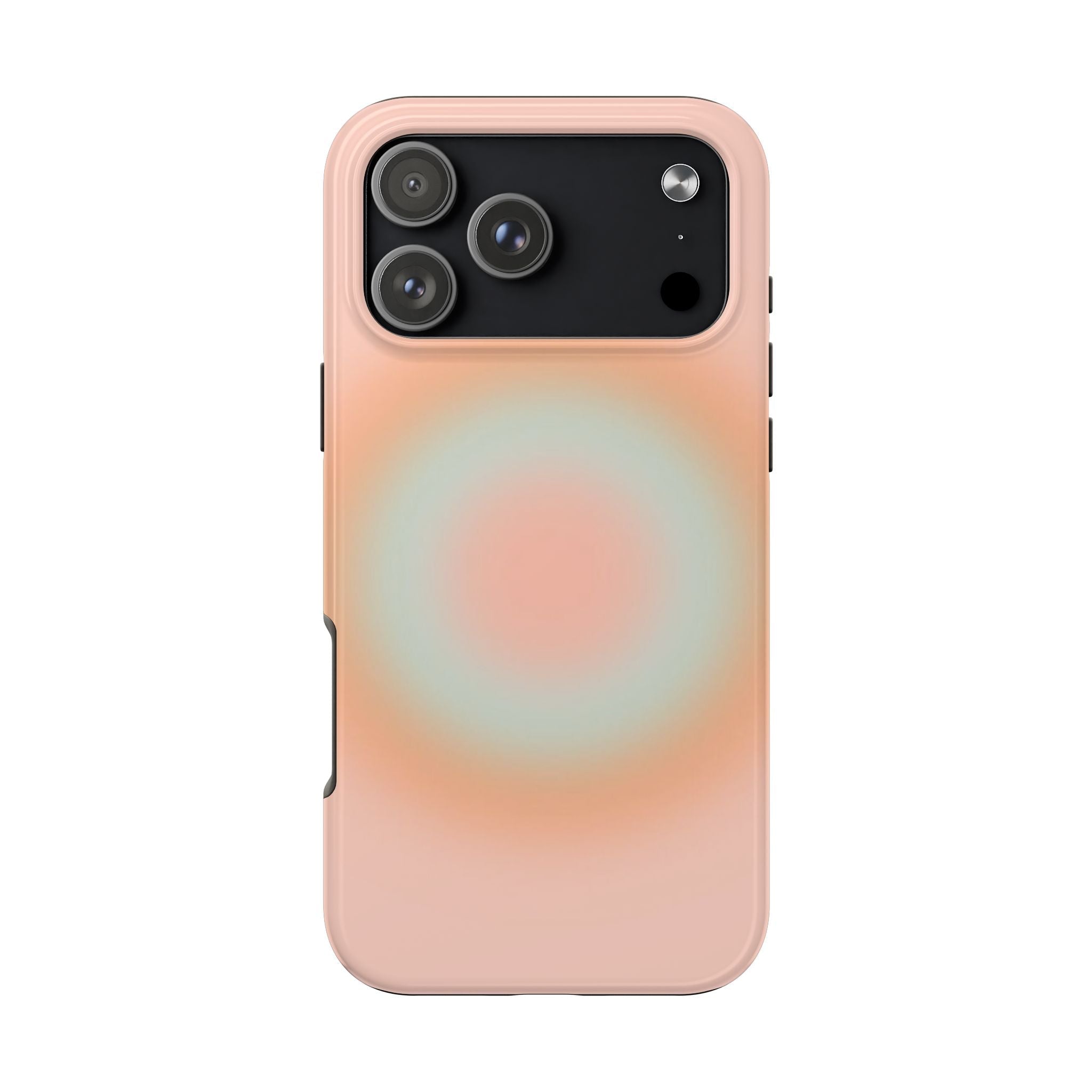 Peach aura phone case with teal center glow and black camera frame