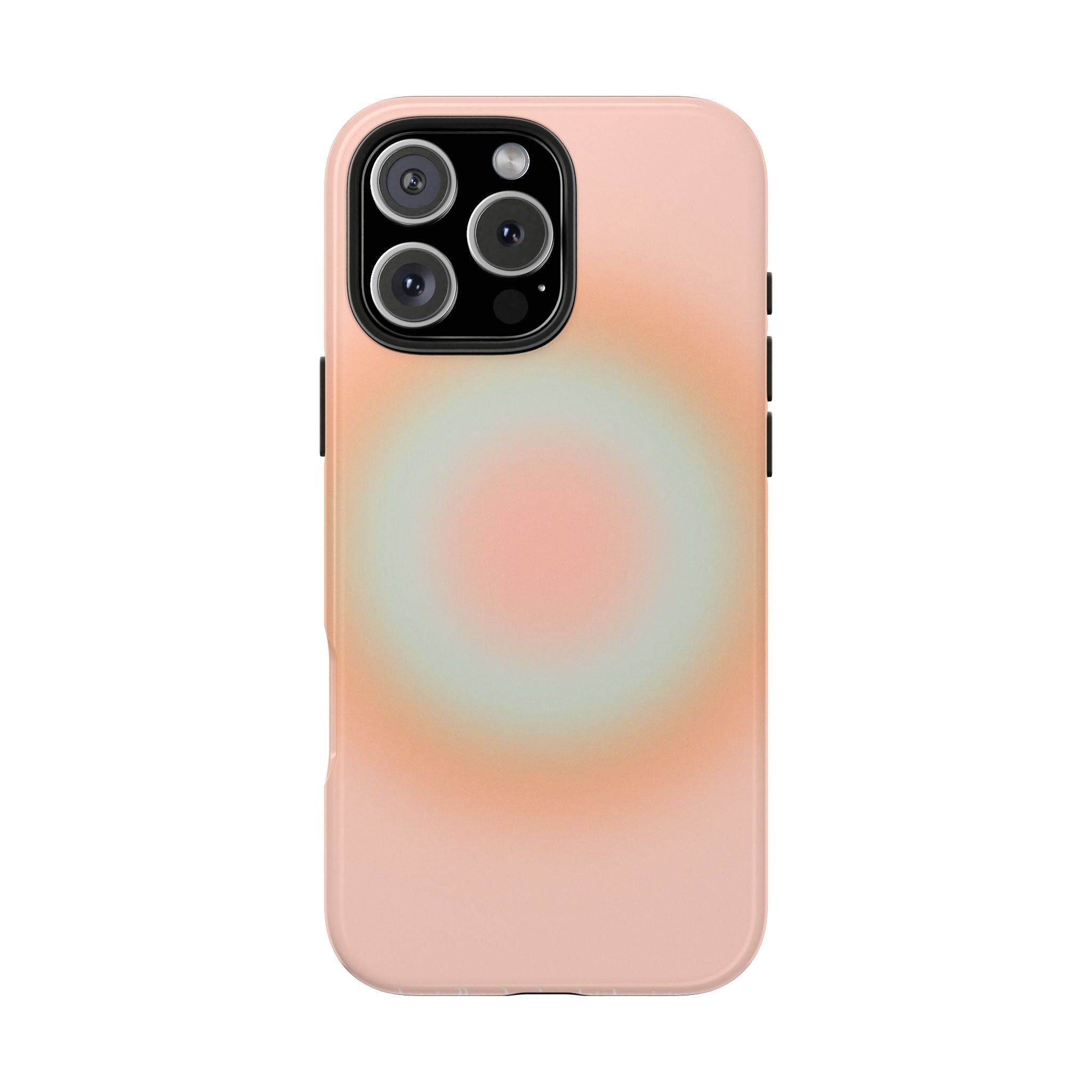 Peach phone case with teal-and-orange aura ring and raised camera cutout