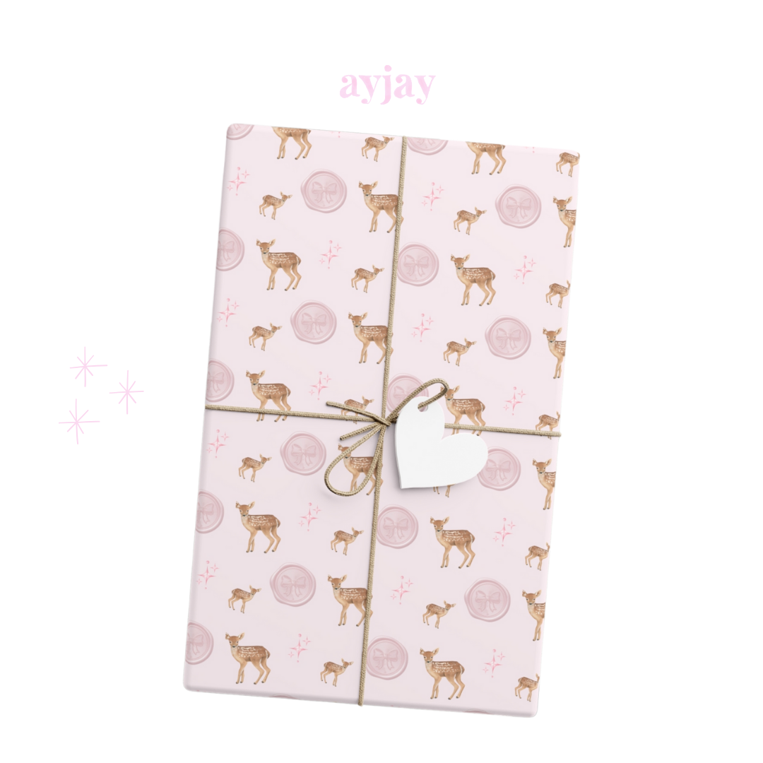 PINK CHRISTMAS DEER BOW WRAPPING PAPER ROLL