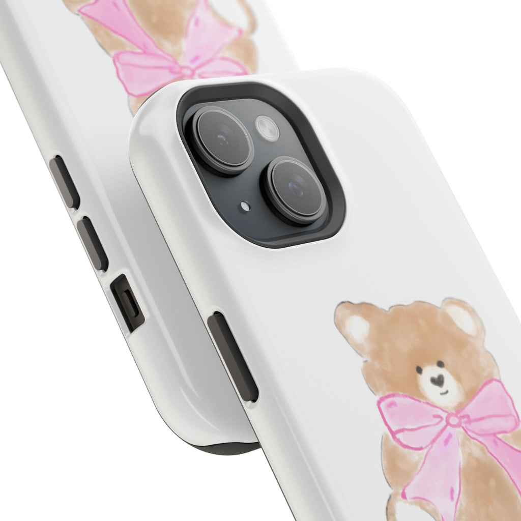 Side view white phone case with pink bow teddy bear graphic near camera cutout