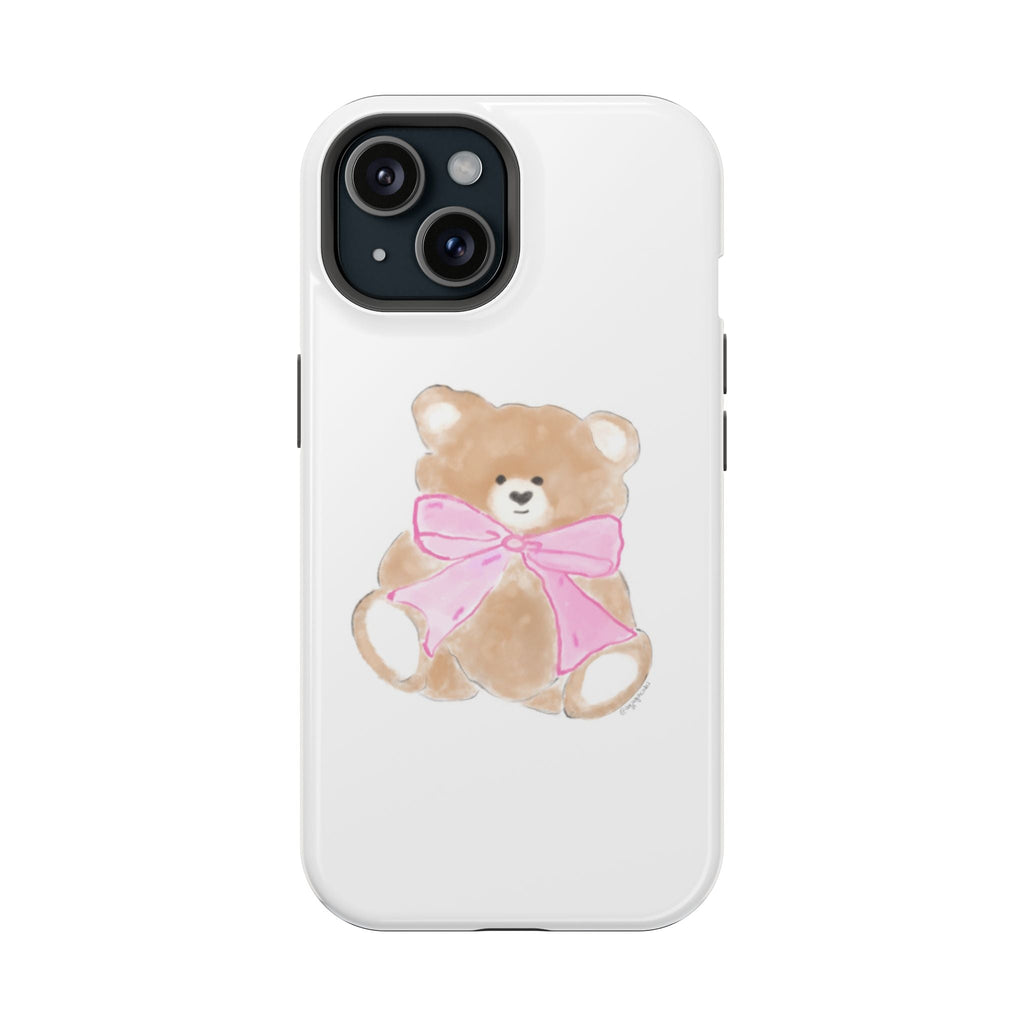 White phone case with oversized pink bow teddy bear graphic