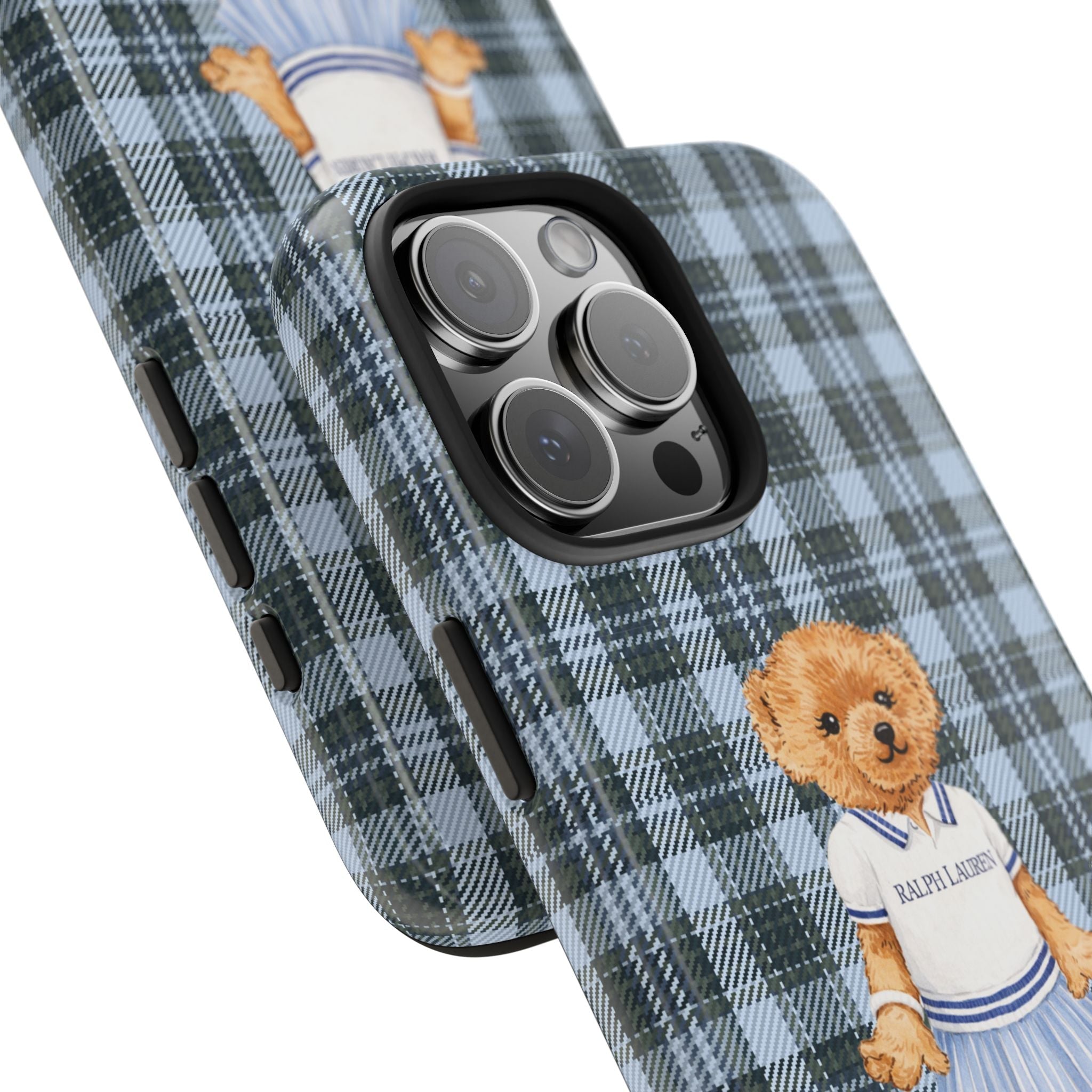 Plaid phone case with teddy bear detail; side buttons and camera cutouts visible