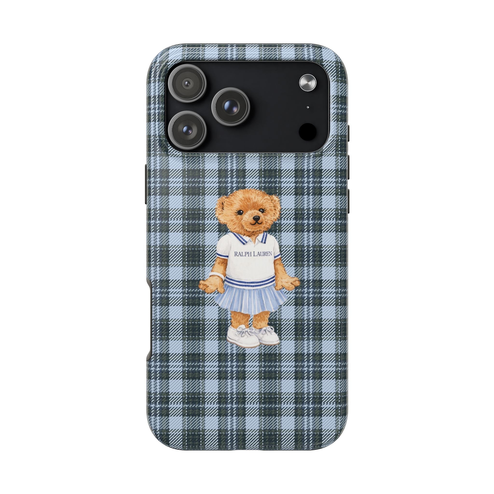 Oxford plaid flannel phone case with teddy bear in sailor outfit appliqué