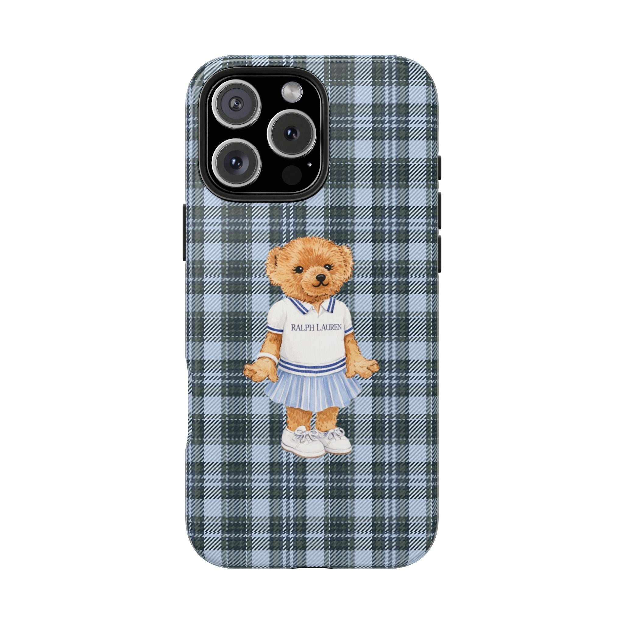 Plaid phone case with teddy bear appliqué and camera cutouts on back