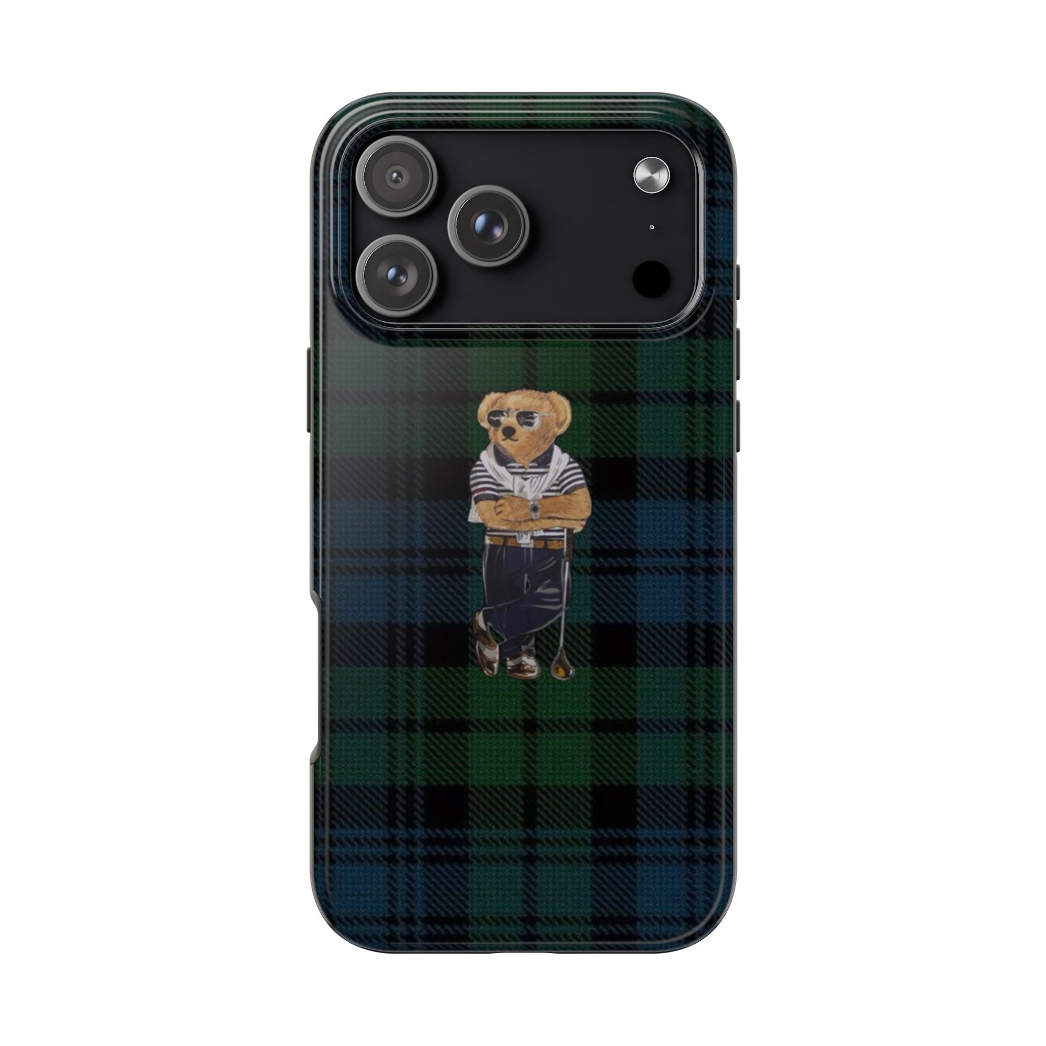 Back view: green-blue plaid phone case with teddy bear golfer near camera cutouts