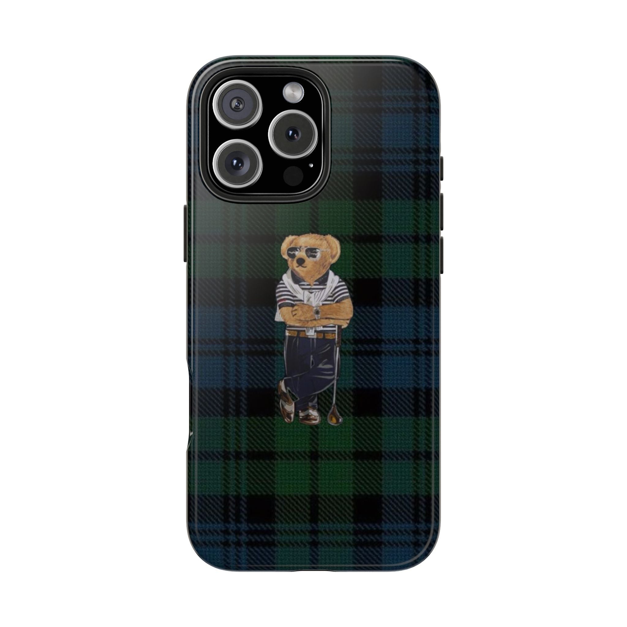 Green, blue tartan plaid phone case with teddy bear golfer graphic