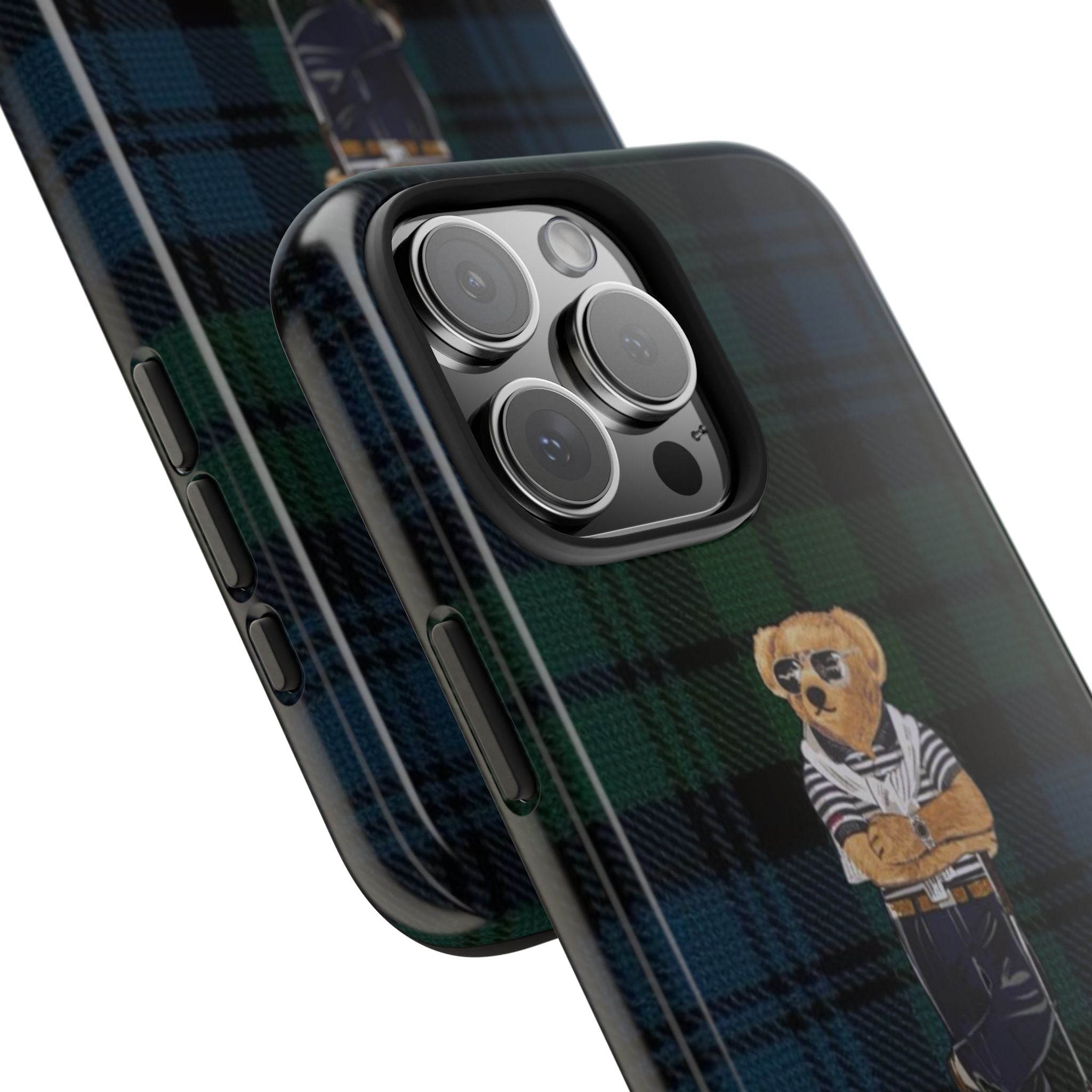 Side view of green-blue plaid phone case with teddy bear golfer graphic and camera lenses