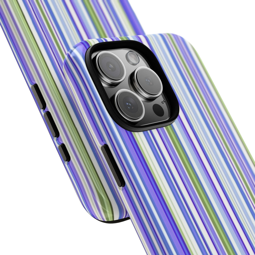 Striped phone case with vertical purple, blue, and green stripes; side button cutouts.