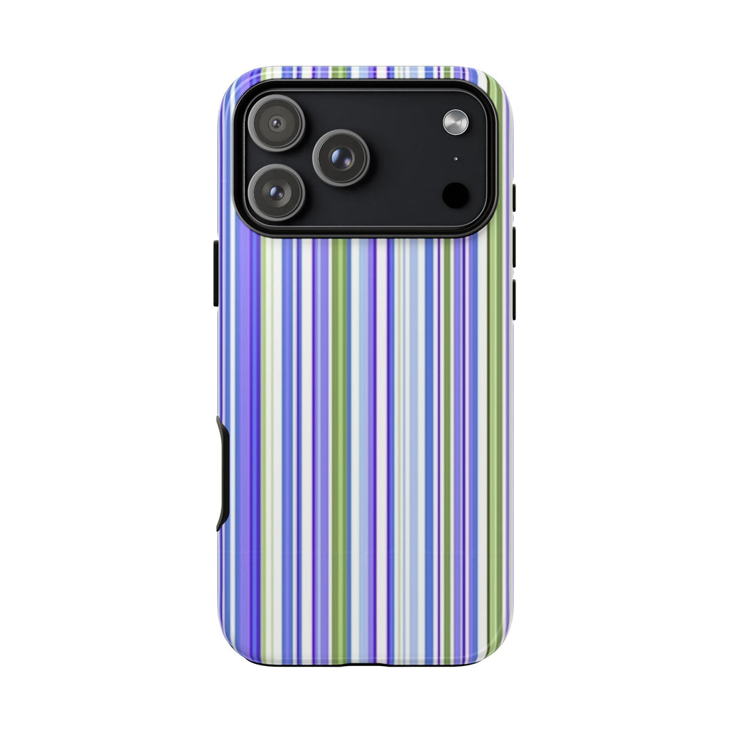 Striped phone case with vertical purple/blue/green lines and black camera panel.