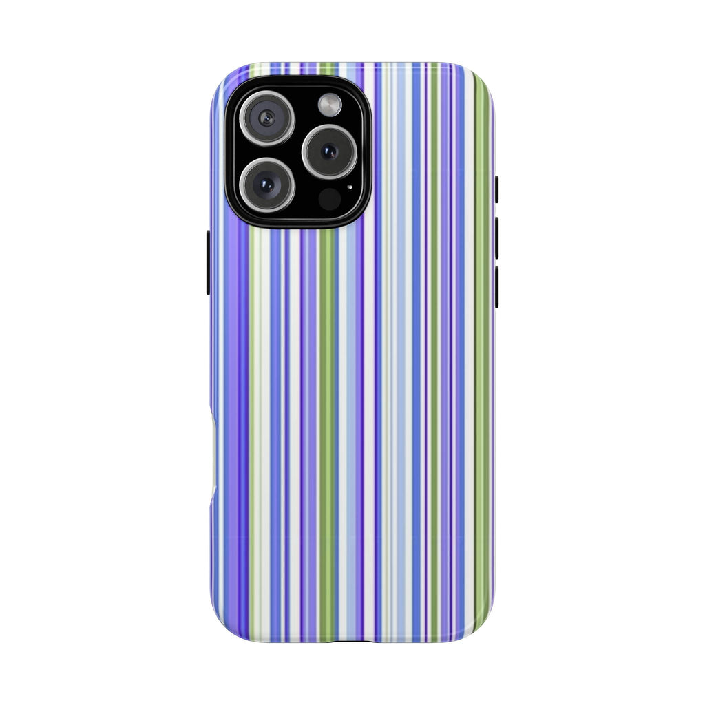 Striped phone case with vertical purple, blue, and green lines; raised camera cutout.