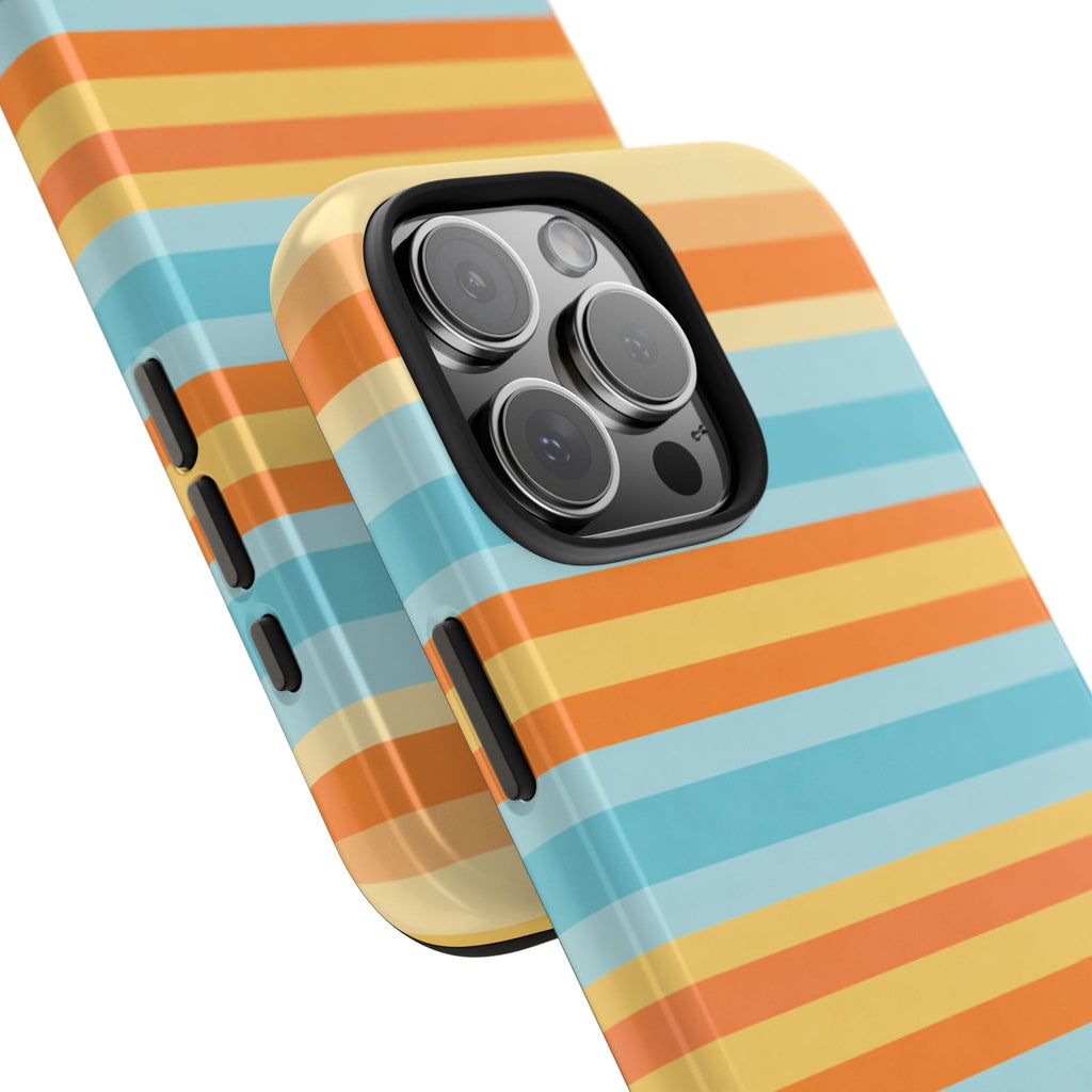 Angled phone case with orange and light blue striped design; raised camera bump and buttons