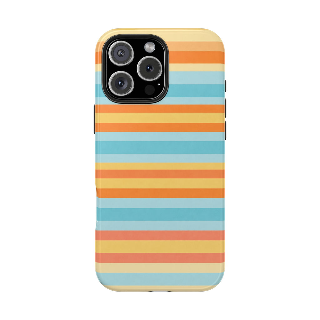 Back of phone case with bold horizontal stripes in orange, cream, and light blue; camera openings
