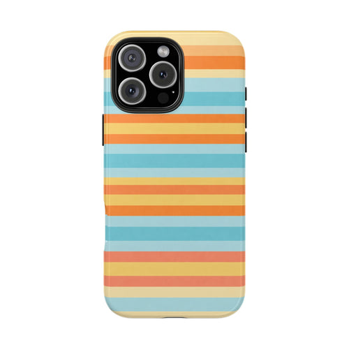 Back of phone case with bold horizontal stripes in orange, cream, and light blue; camera openings