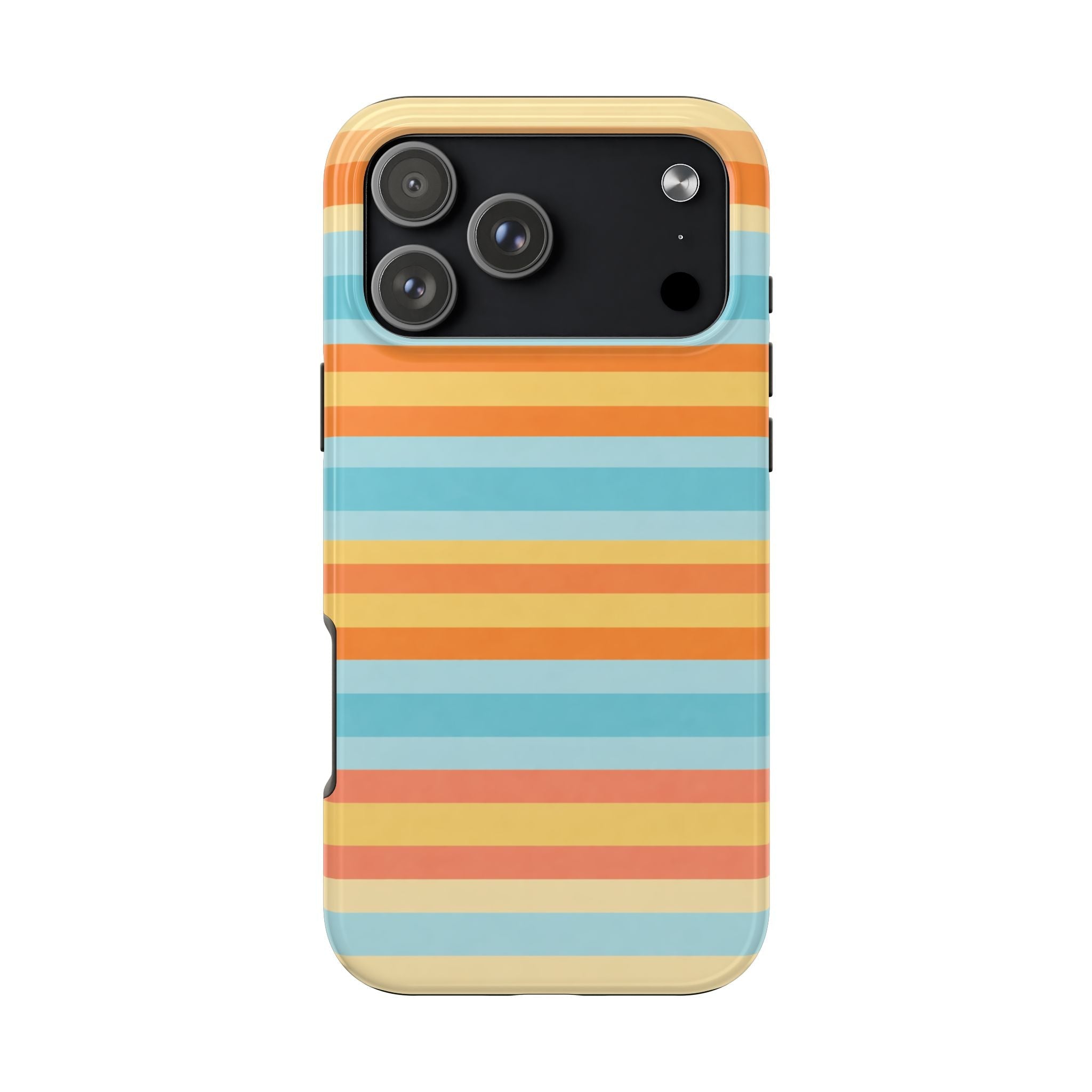 Phone case with orange, cream, and light blue horizontal stripes; camera cutout and lip