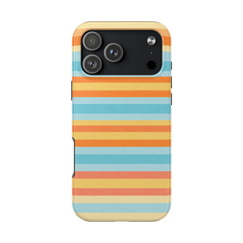 Phone case with orange, cream, and light blue horizontal stripes; camera cutout and lip