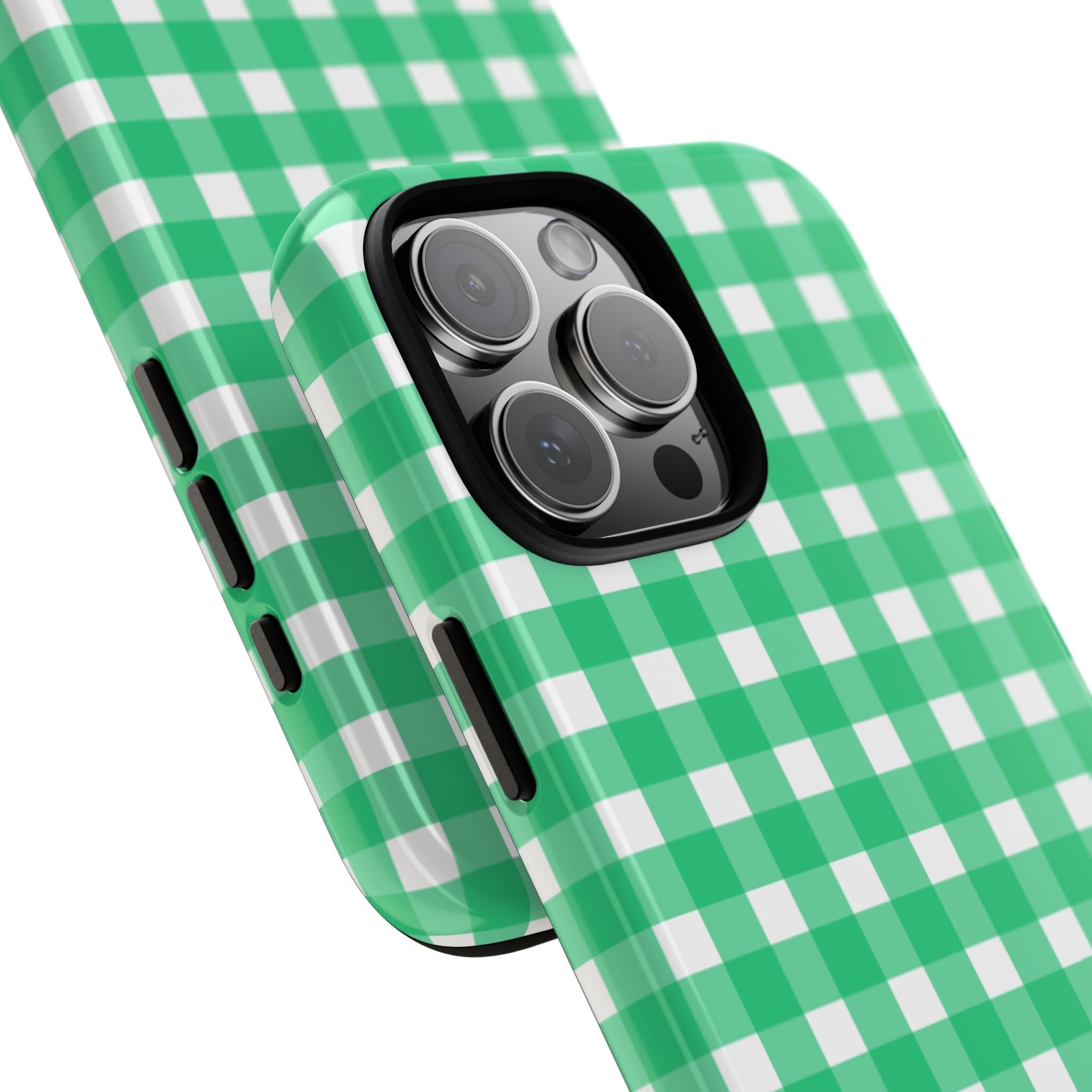 Green gingham phone case showing side button openings and angled camera area