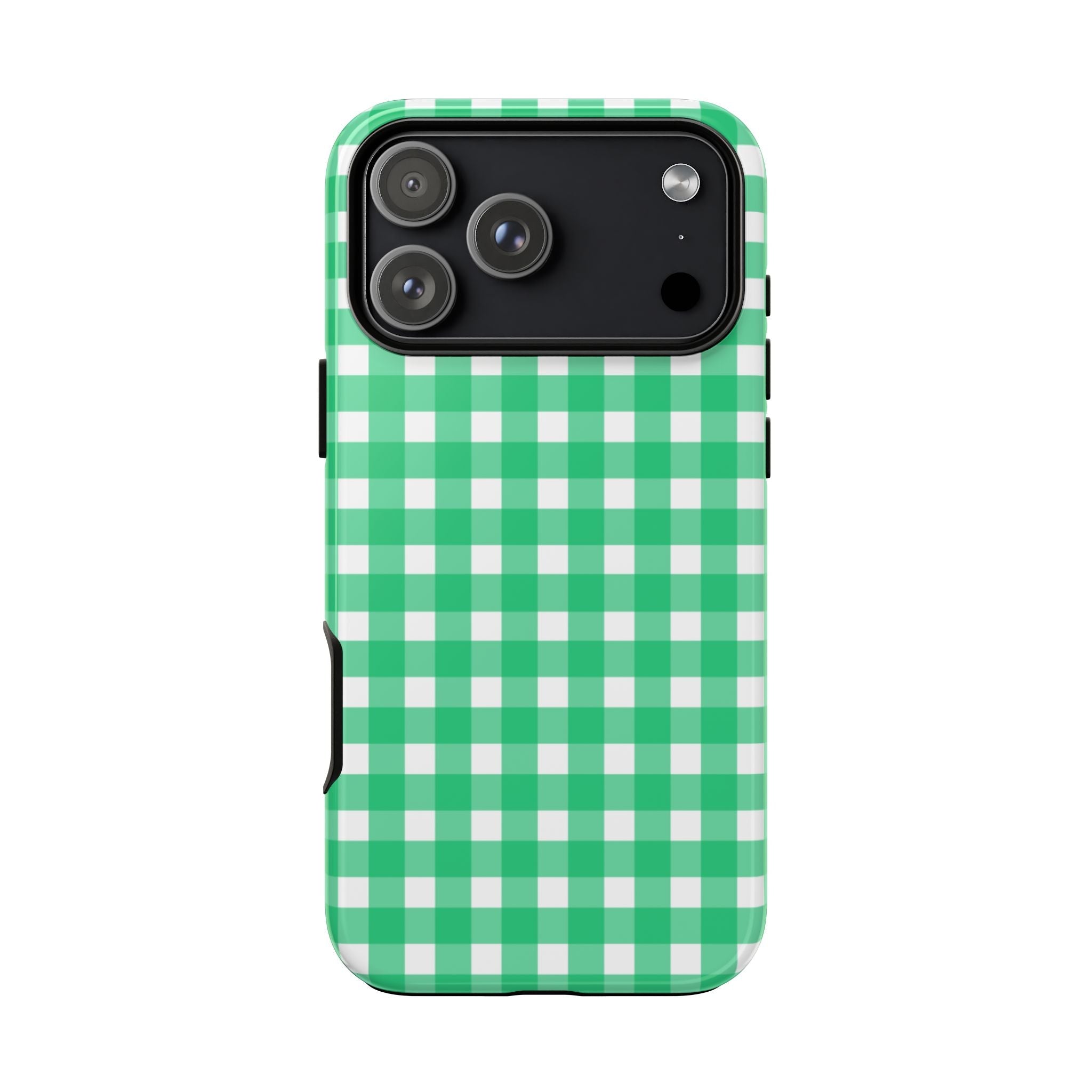 Green and white gingham phone case, smooth back with camera lens openings