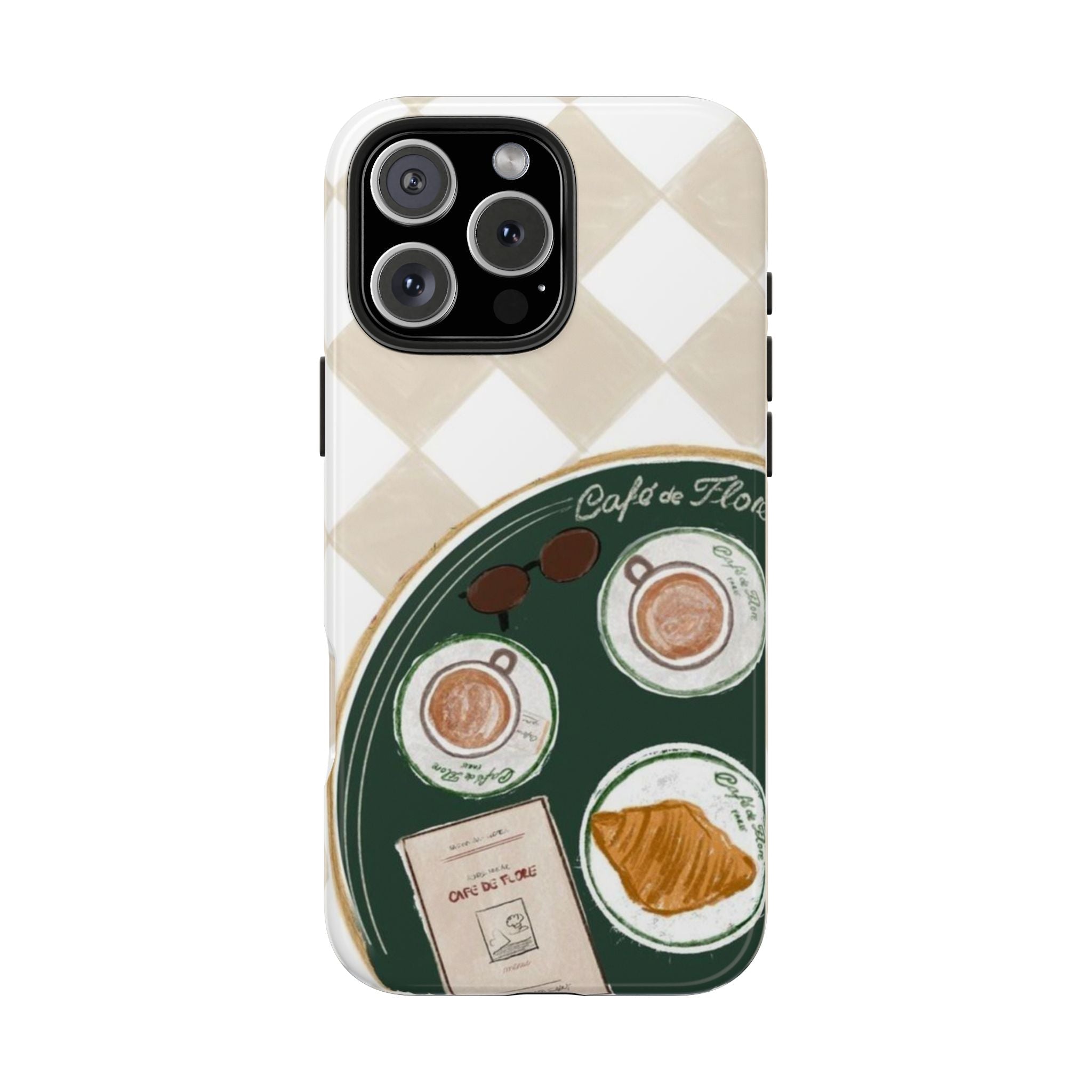 Phone case with café de Flore tray design, coffee cups and croissant on white diamonds