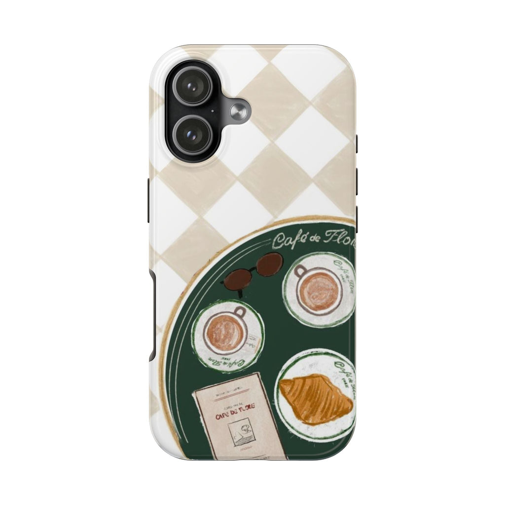 Paris café de Flore phone case with green coffee tray and white diamond pattern