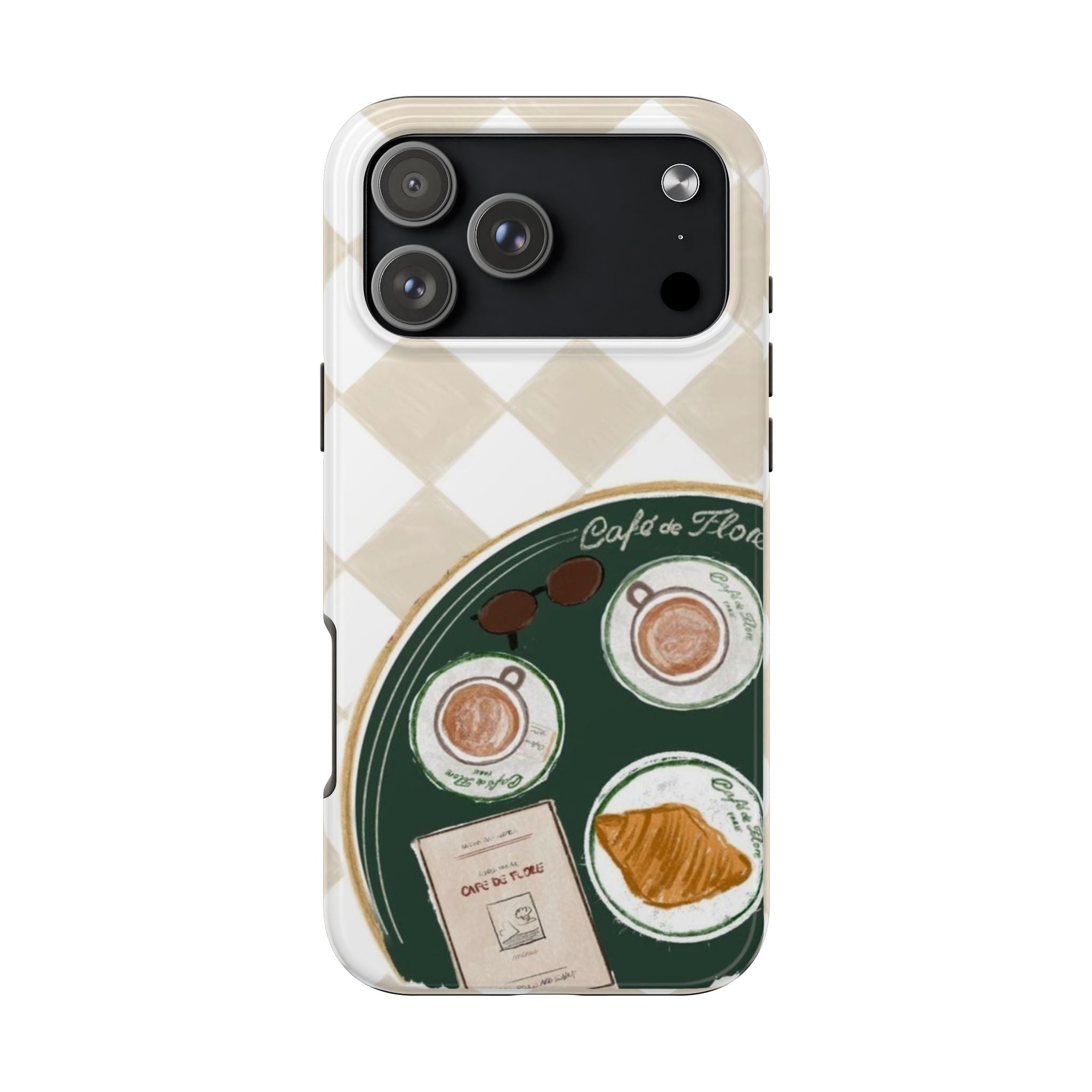 Phone case back with green tray artwork and coffee cups, with camera cutouts