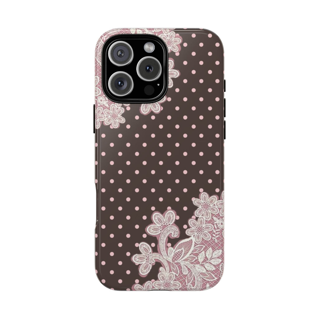 Phone case with pink polka dots and white lace floral trim around edges