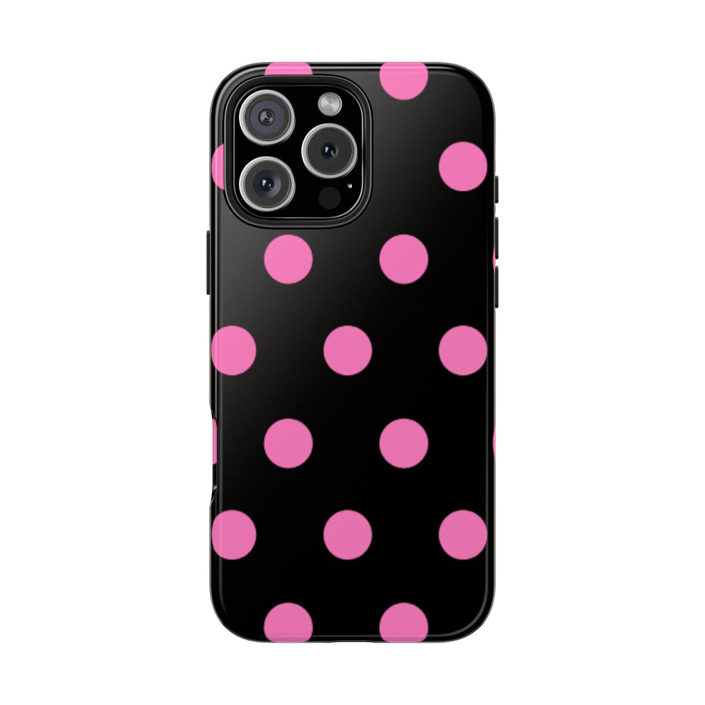 Polka dot phone case, pink dots scattered over black back