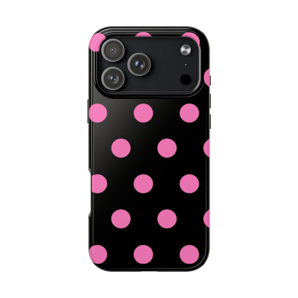 PARIS polka dot phone case with pink dots on a black background