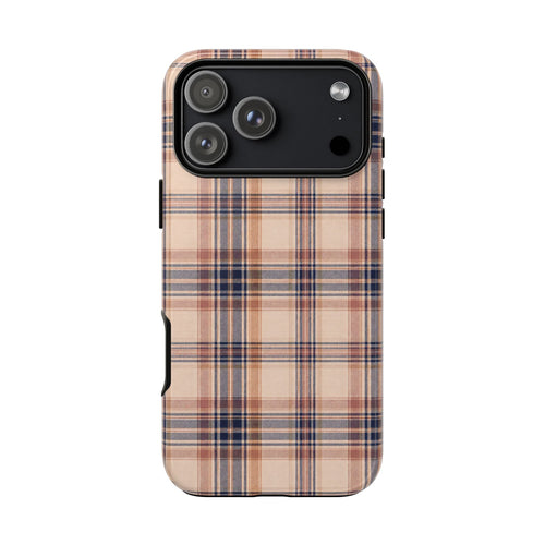 Parisian plaid phone case back, beige tan plaid with navy and rust; top camera section.