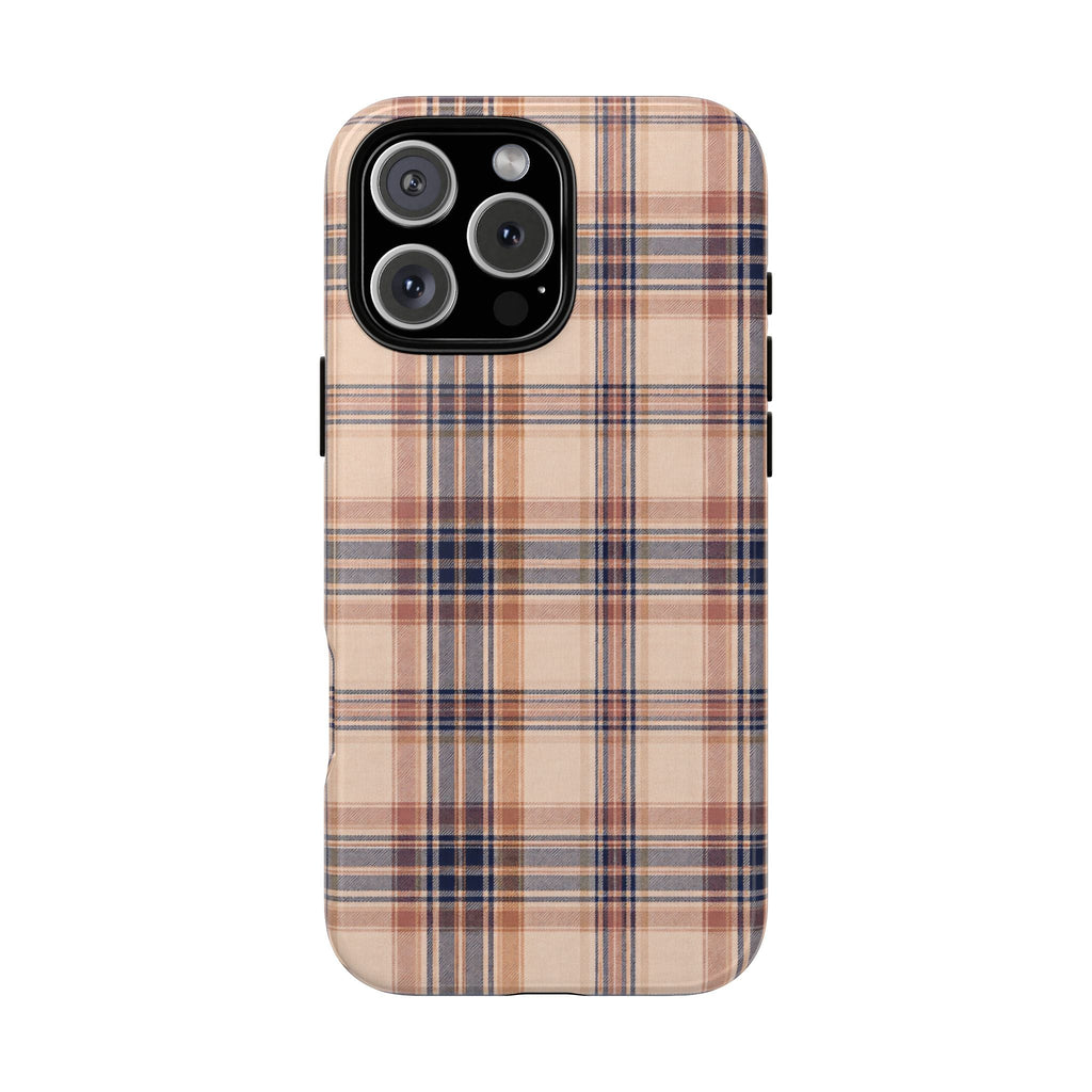 Parisian plaid phone case, beige tan with navy and rust grid; camera cutouts.