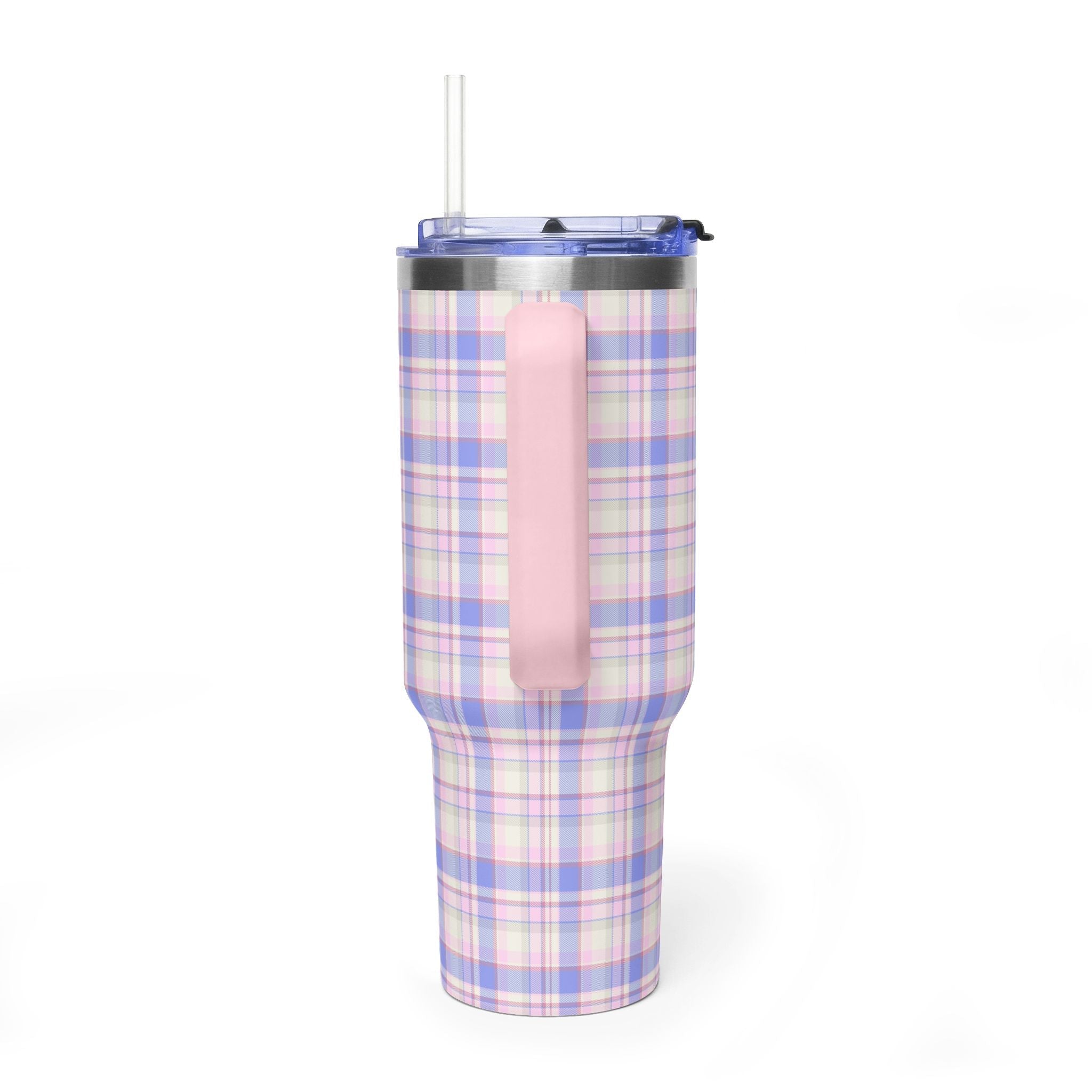 Pastel plaid 40oz stainless steel tumbler with pink straw and clear lid