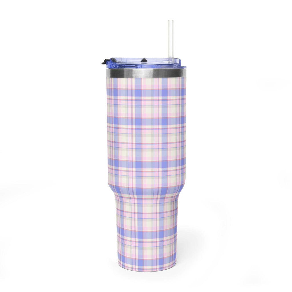 Pastel plaid 40oz stainless steel tumbler with clear lid and straw, no handle shown