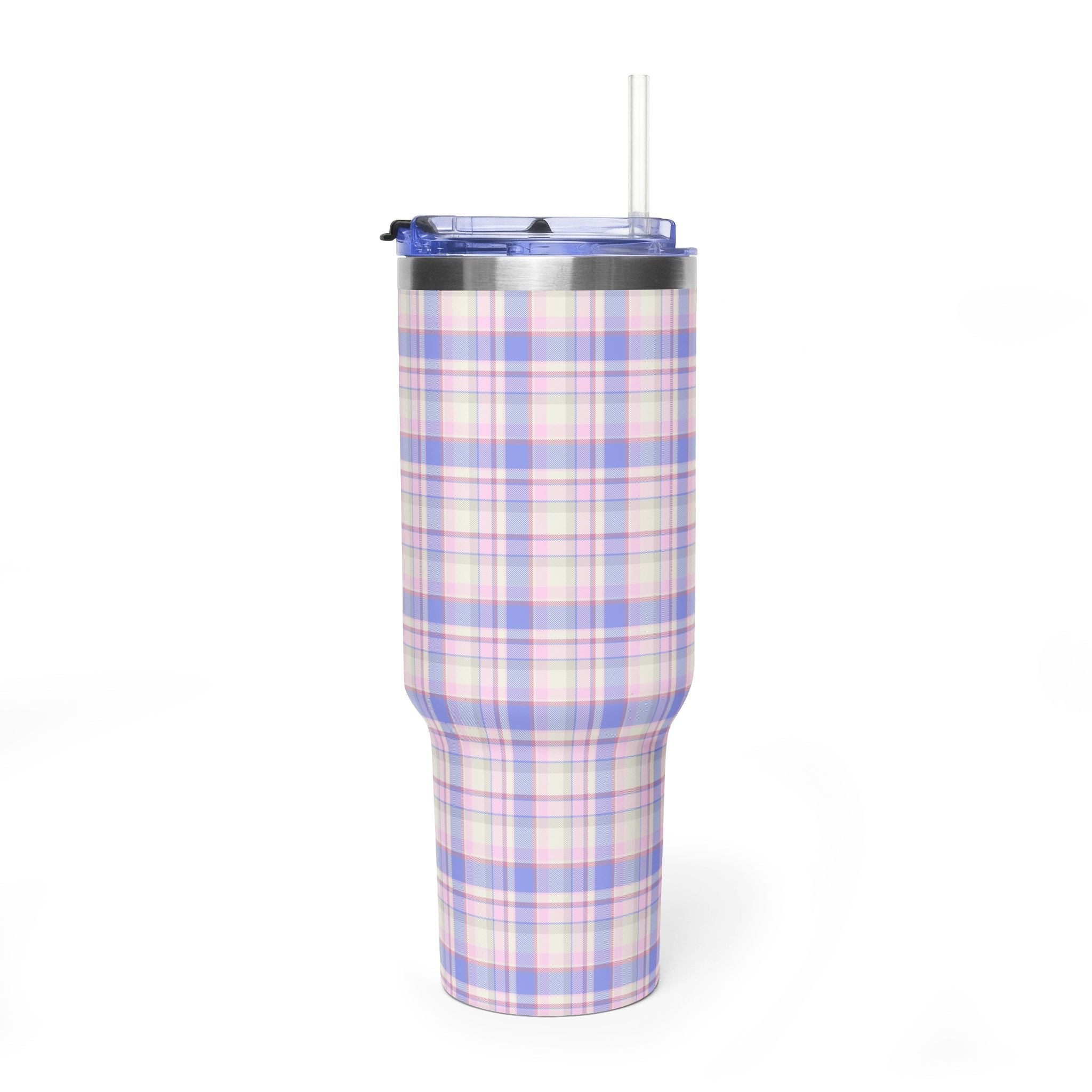 Pastel plaid 40oz stainless steel tumbler with clear lid and straw, no handle shown