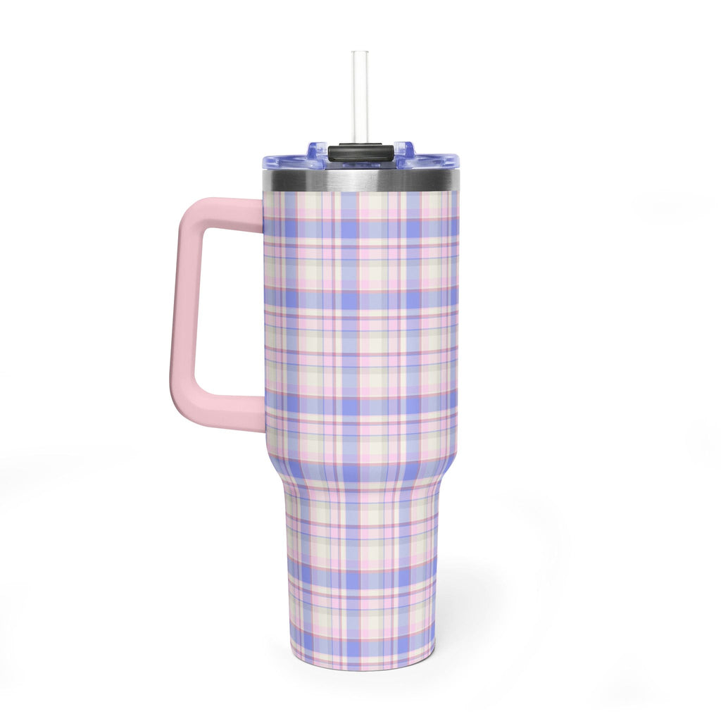 Pastel plaid 40oz stainless steel tumbler with pink handle, clear lid and straw