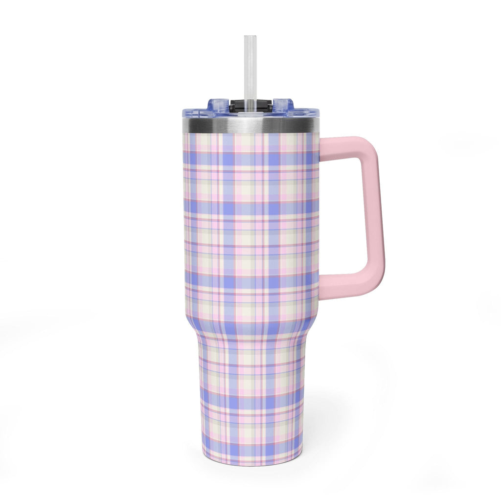 Pastel plaid 40oz stainless steel tumbler with pink handle and clear lid, drinking straw