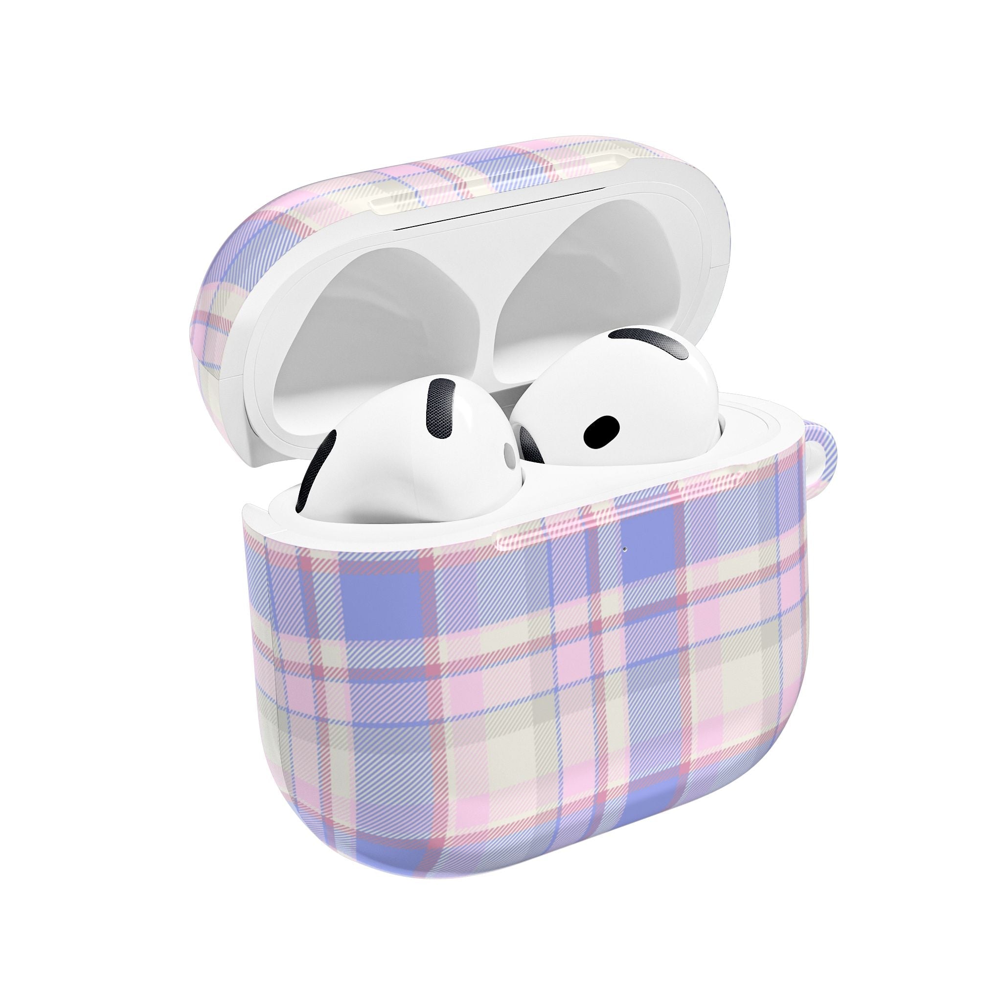 Pastel plaid AirPods flannel case, open shell with white earbuds visible
