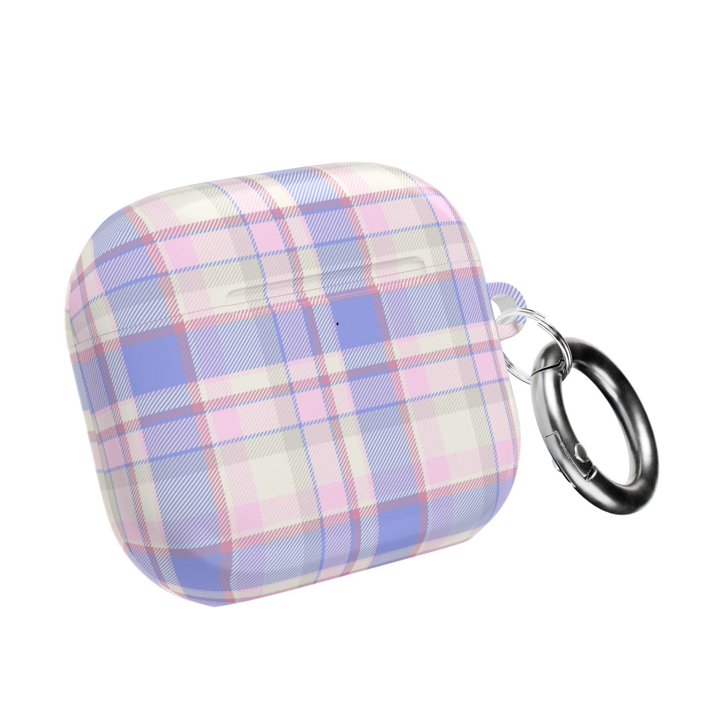 Pastel plaid AirPods flannel case with metal key ring, closed