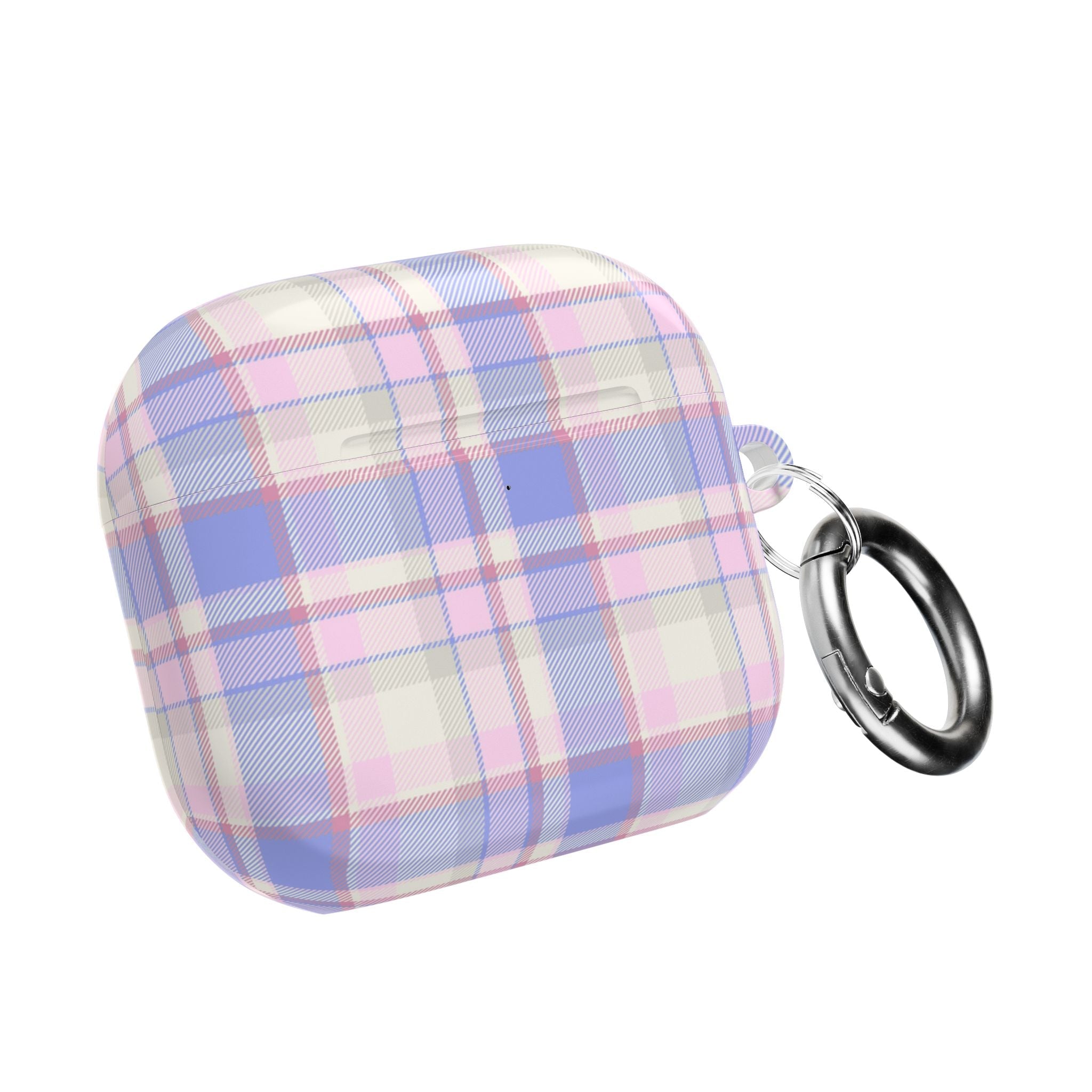 Pastel plaid AirPods flannel case with metal key ring, closed