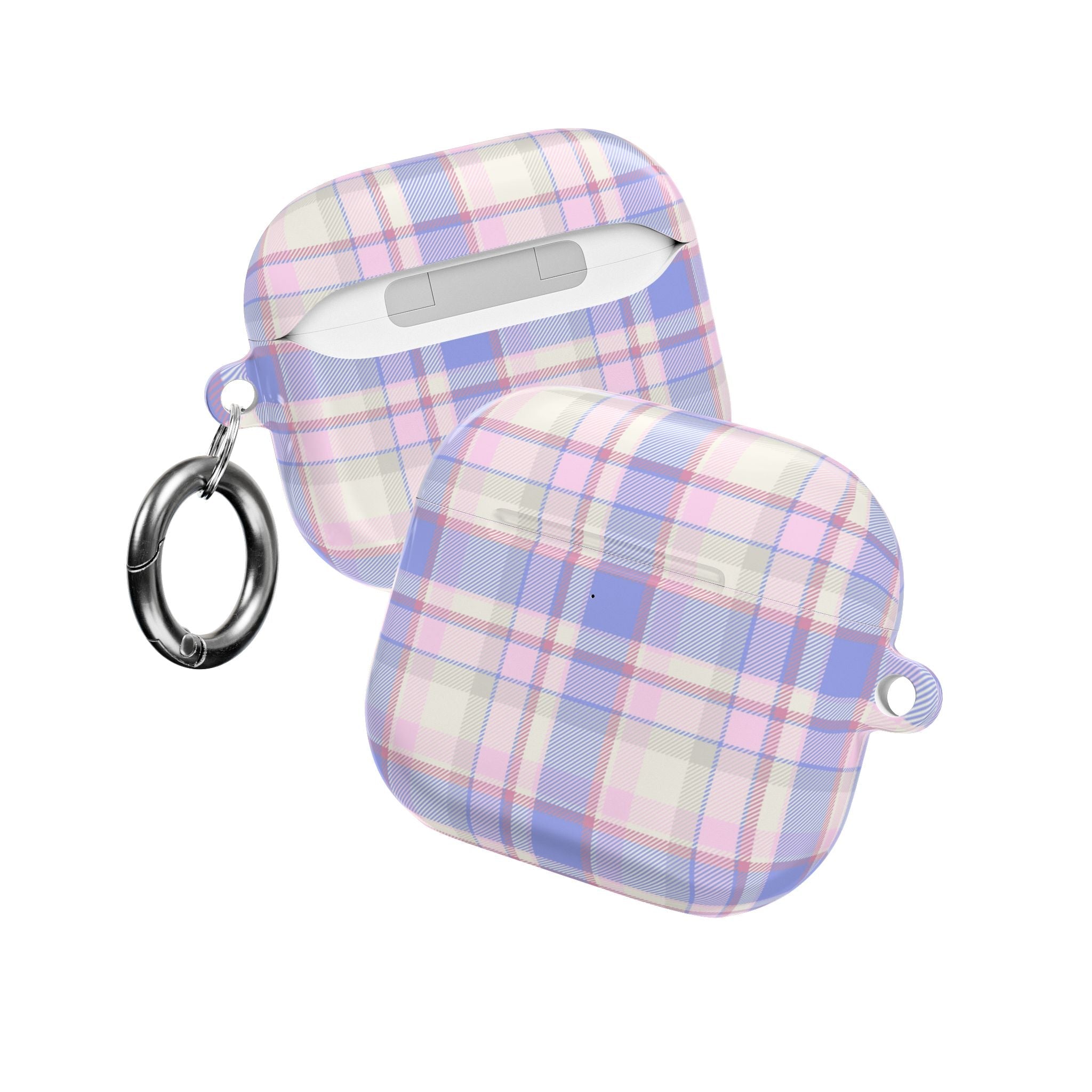 Pastel plaid AirPods flannel case with key rings, front cutouts visible