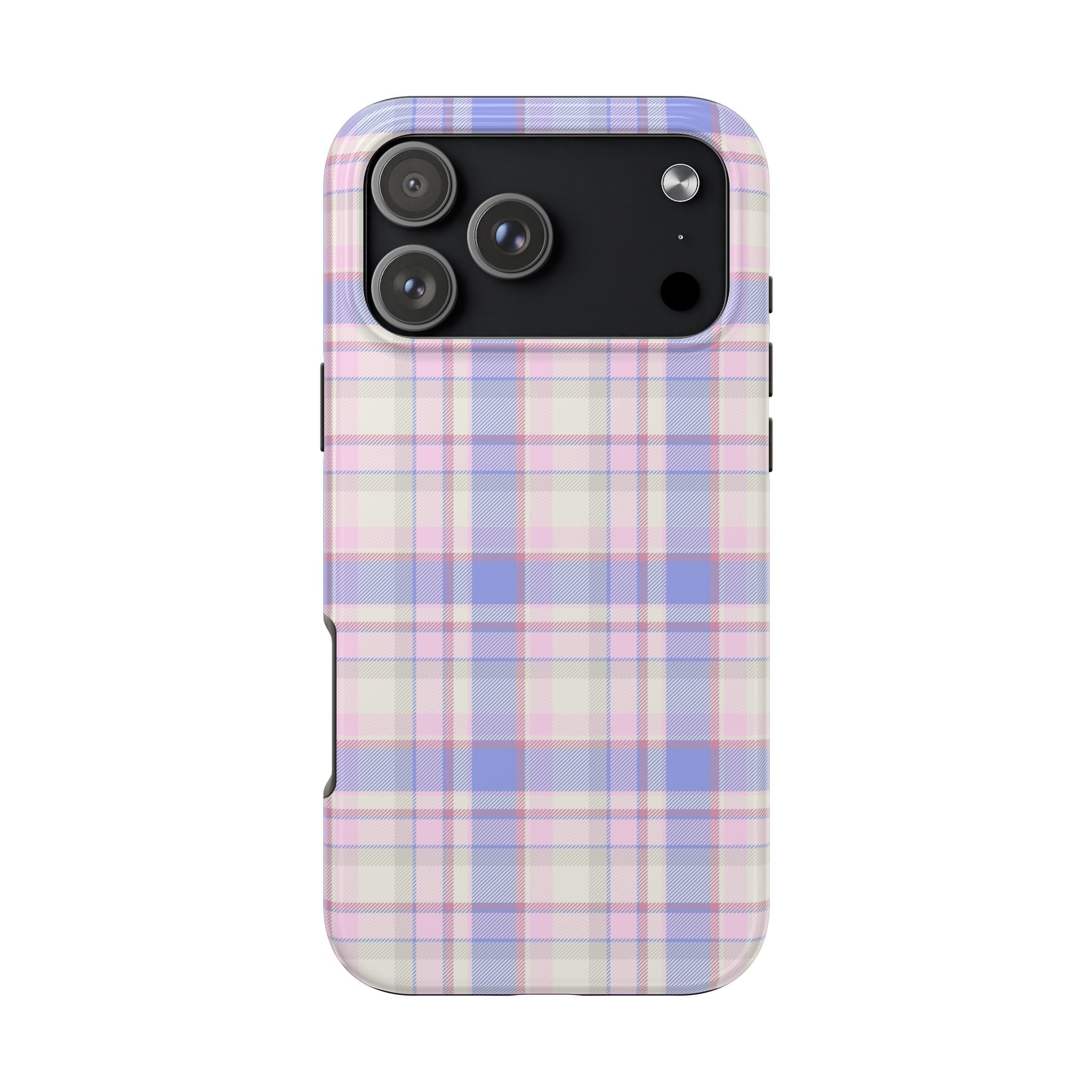 Pastel plaid flannel phone case back with camera openings and speaker/port cutouts