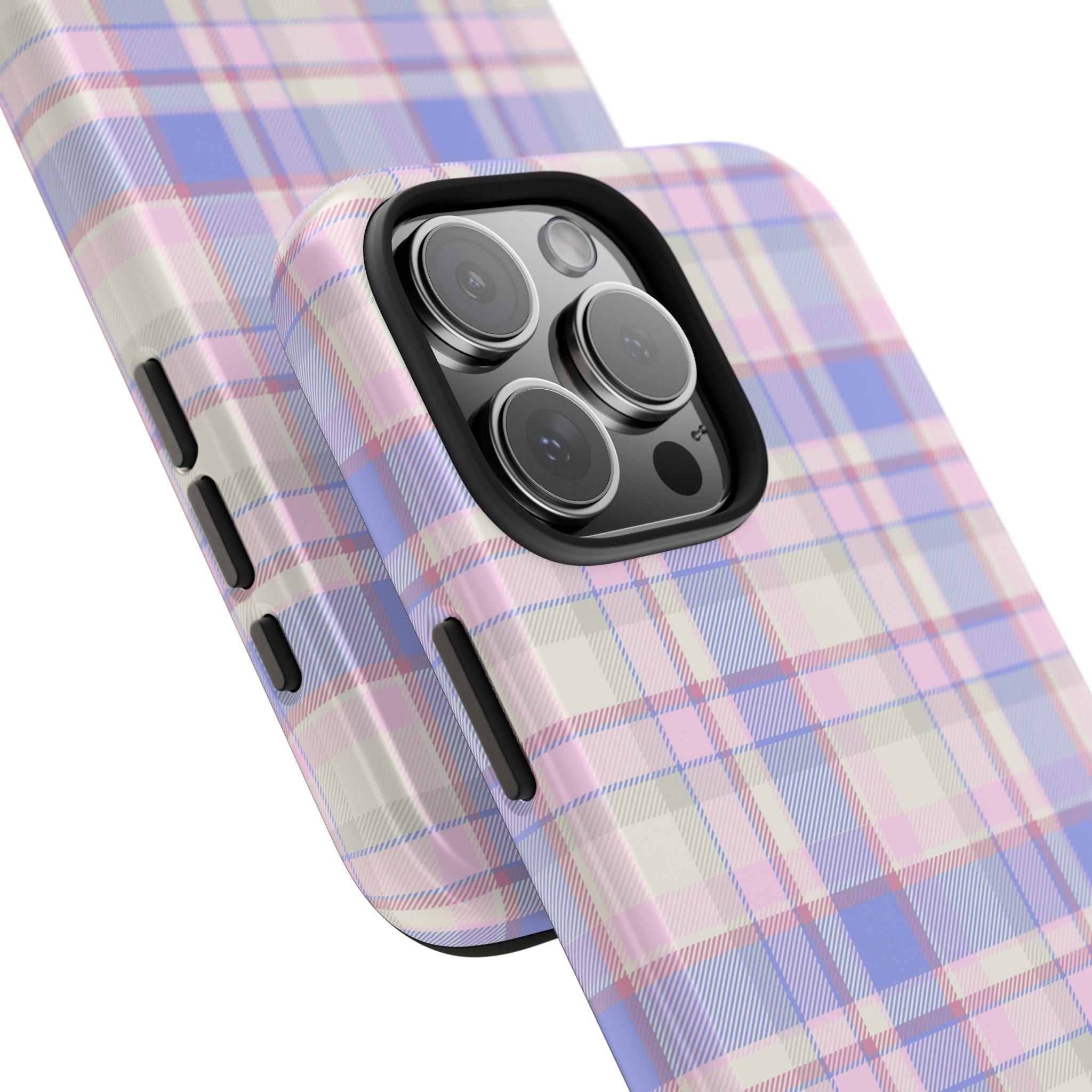 Pastel plaid flannel phone case angled with raised camera protection and side button cutouts