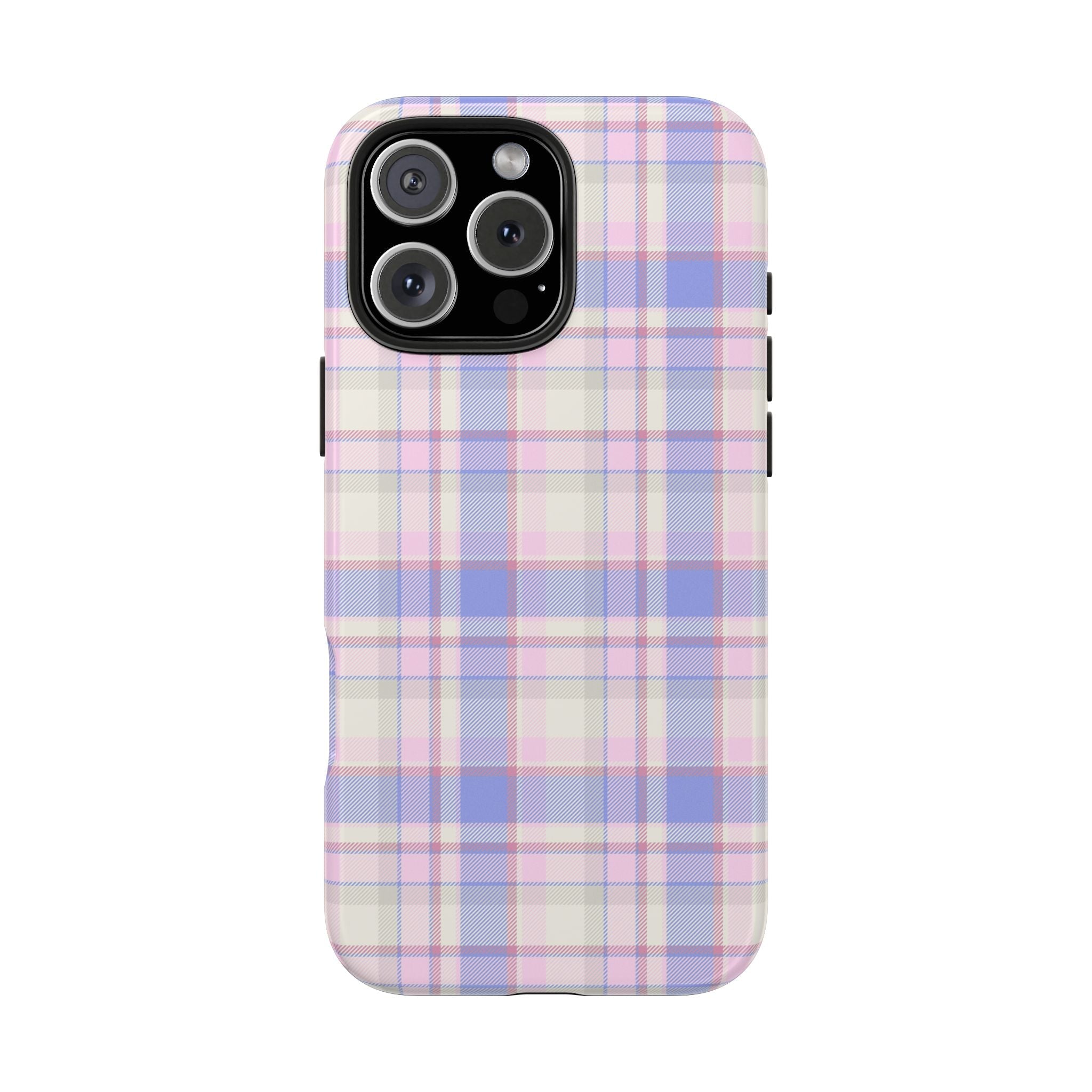 Pastel plaid flannel phone case with camera cutouts, soft pink blue purple grid pattern