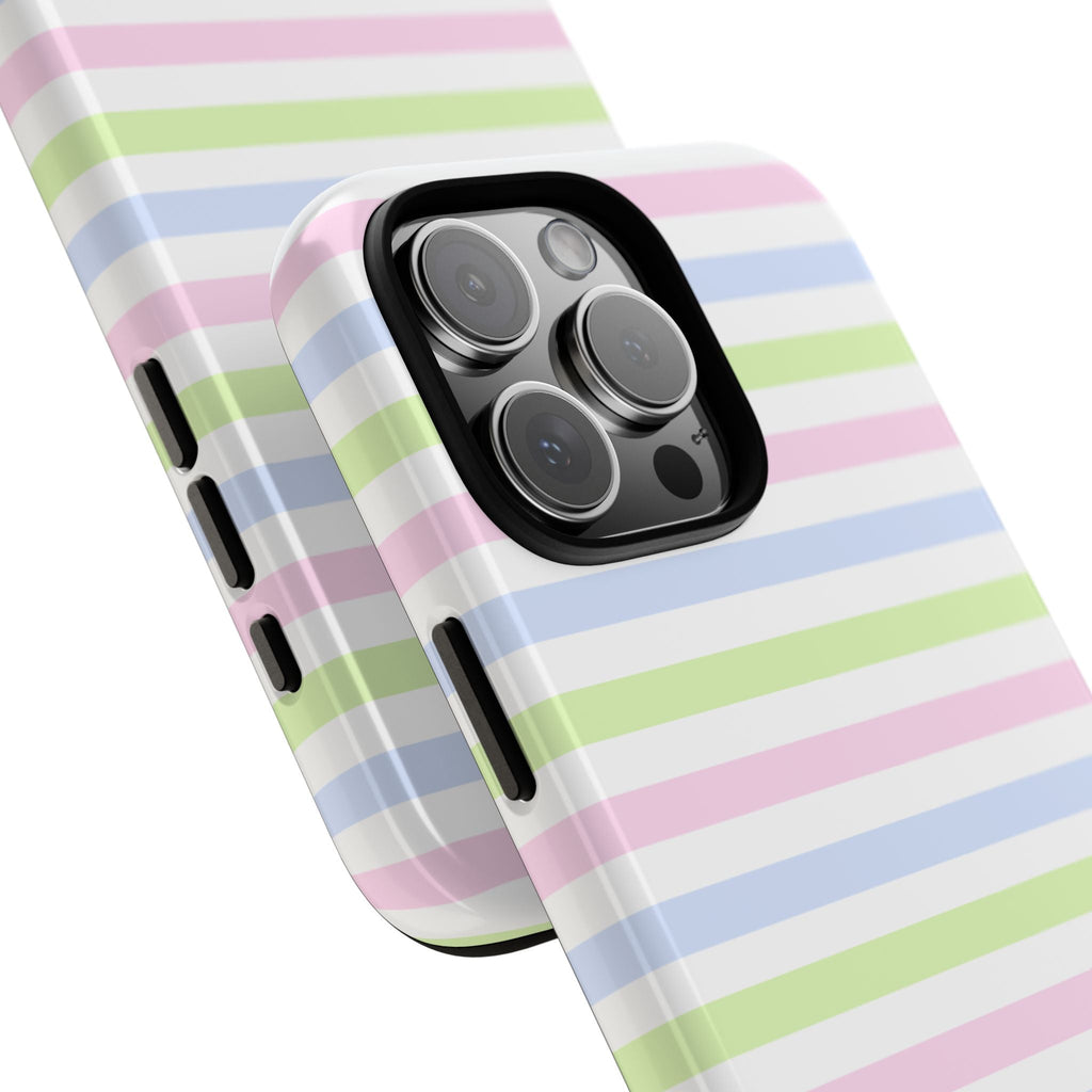 Pastel striped phone case angled view, raised edges and side cutouts for buttons