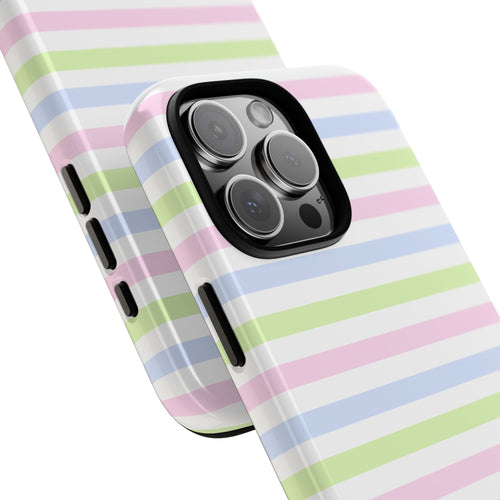 Pastel striped phone case angled view, raised edges and side cutouts for buttons