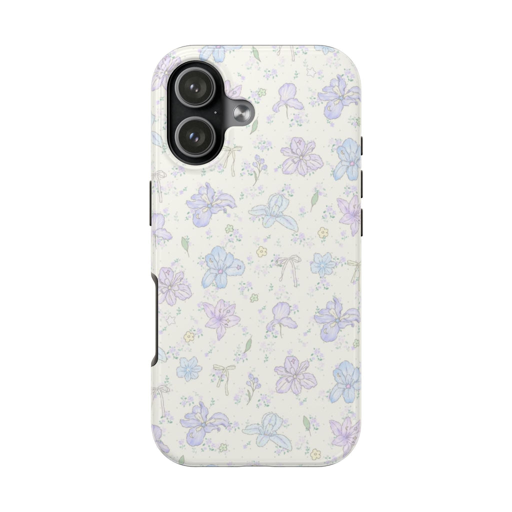 Pastel lily floral phone case, side view of purple and blue blooms with small stars