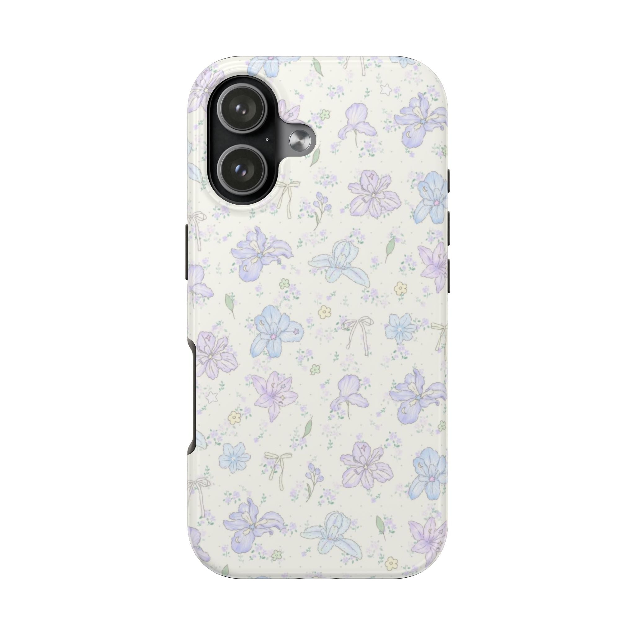 Pastel lily floral phone case, side view of purple and blue blooms with small stars